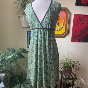 Connected Apparel Blue and Green Patterned Midi Dress